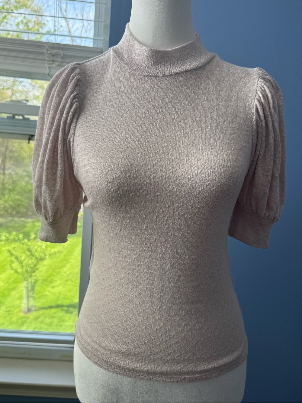 Free People Light Mauve Lace-Knit Mock Neck Top